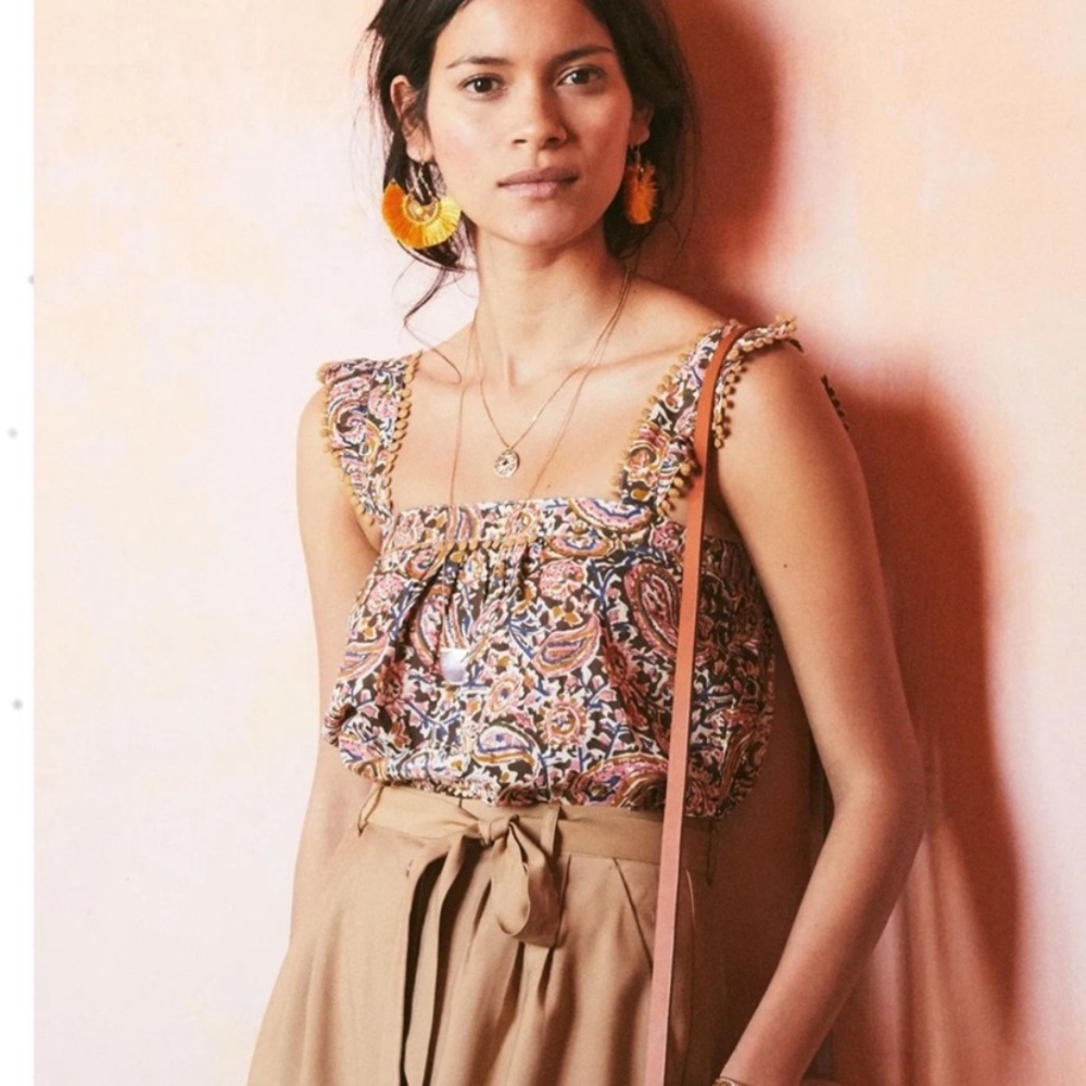 Floral Paisley Ruffle Strap Tank Top - Brown Multi - Picture 10 of 11